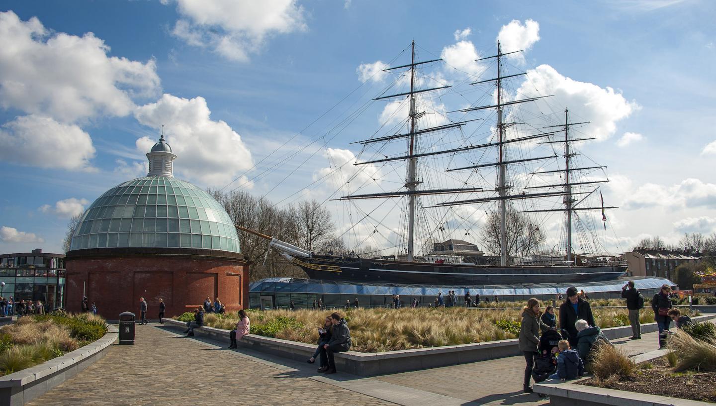 A view of the historic ship Cutty Sark in the dry dock at Greenwich