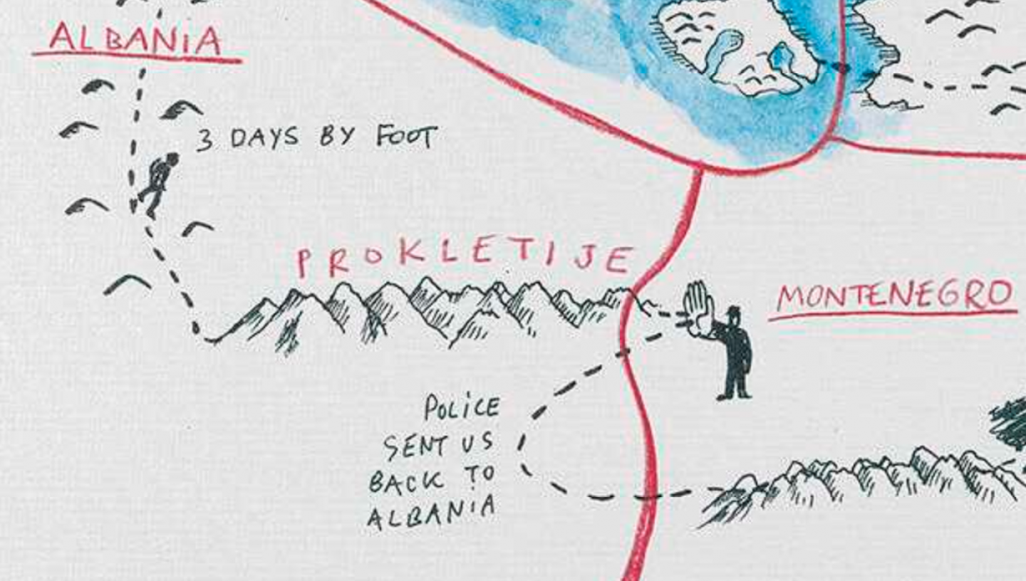Hand-drawn map of the border between Montenegro and Albania