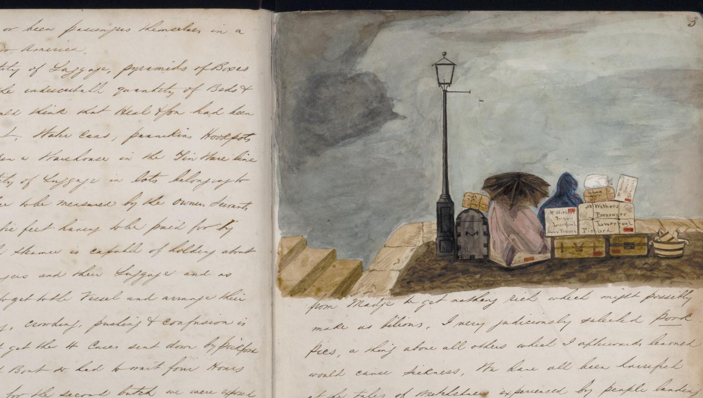 Journal with illustration of a girl with luggage