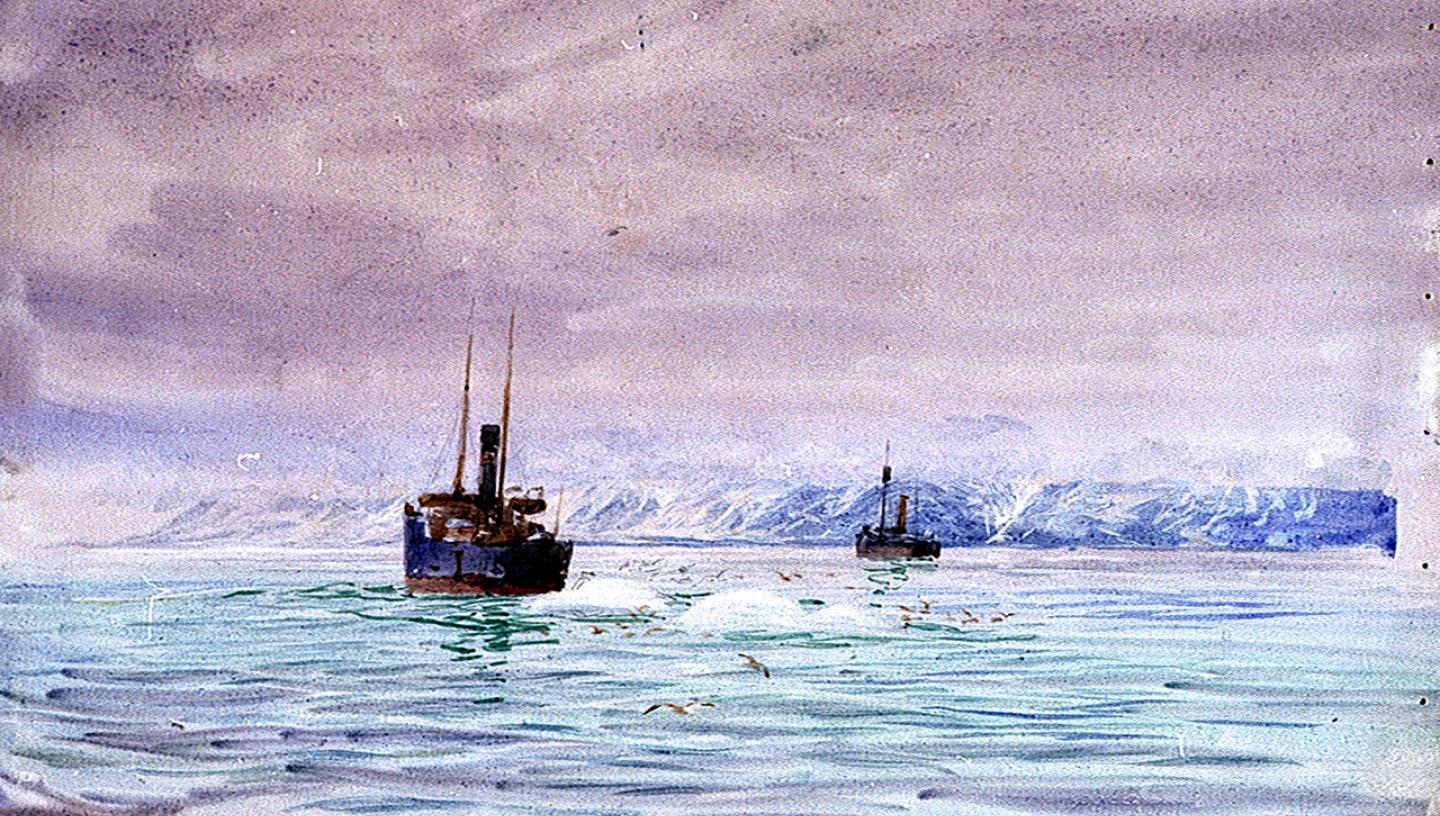 A drawing of ships in a cold ocean environment, with ice sheets in the distance