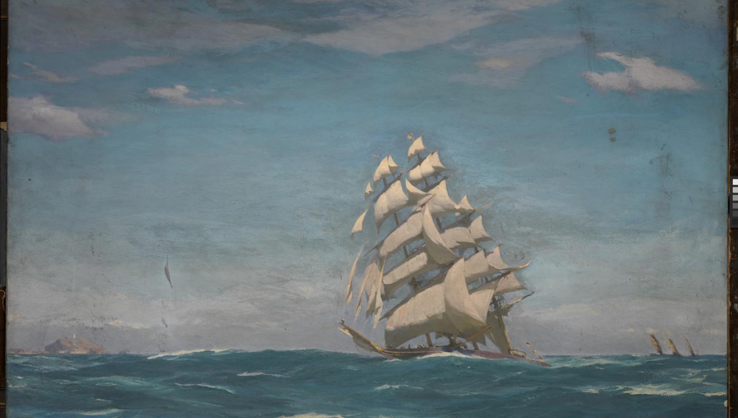 Oil painting of the Cutty Sark on water with blue skies and blue seas