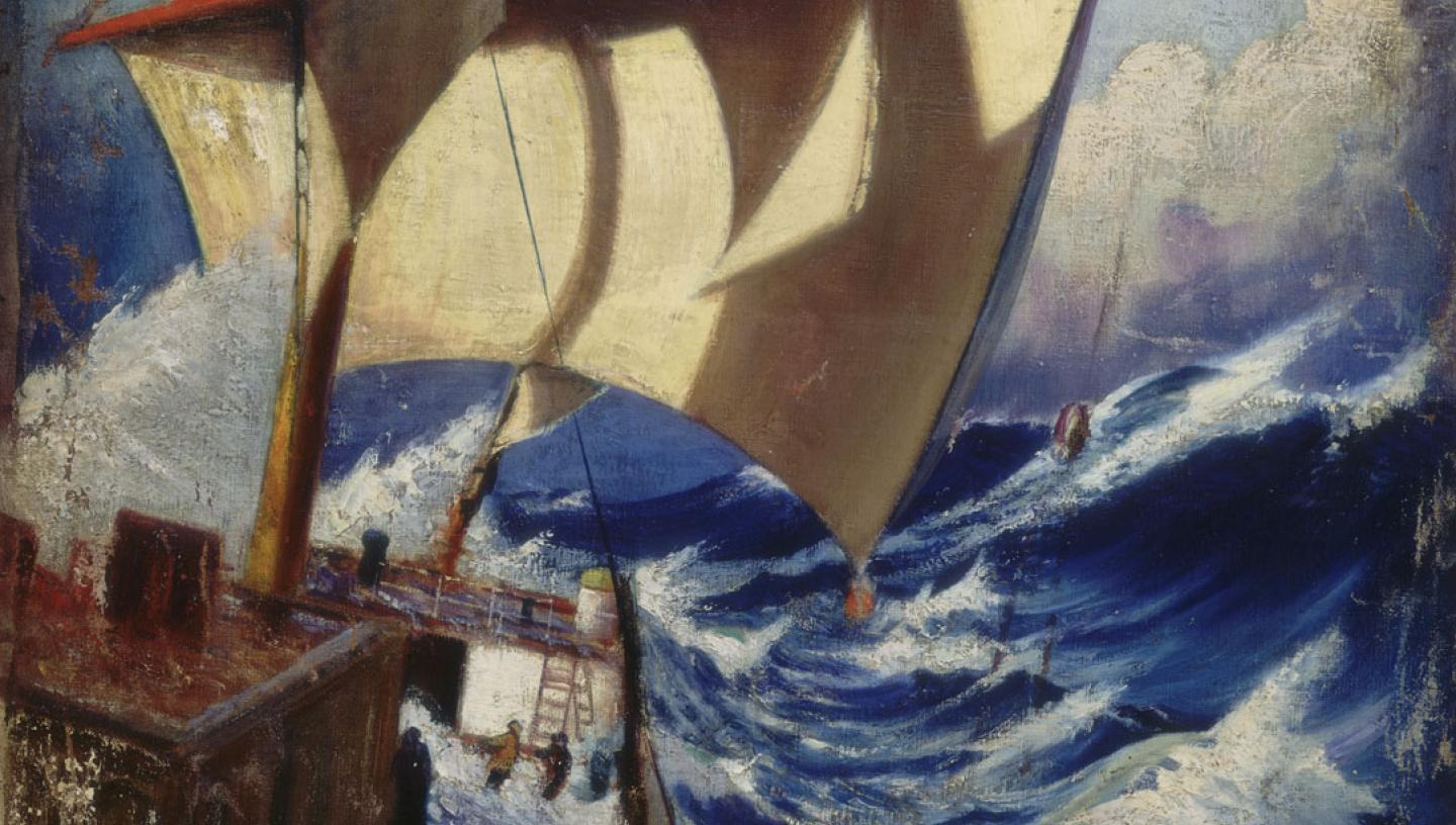 An oil painting of a ship being washed over by high waves