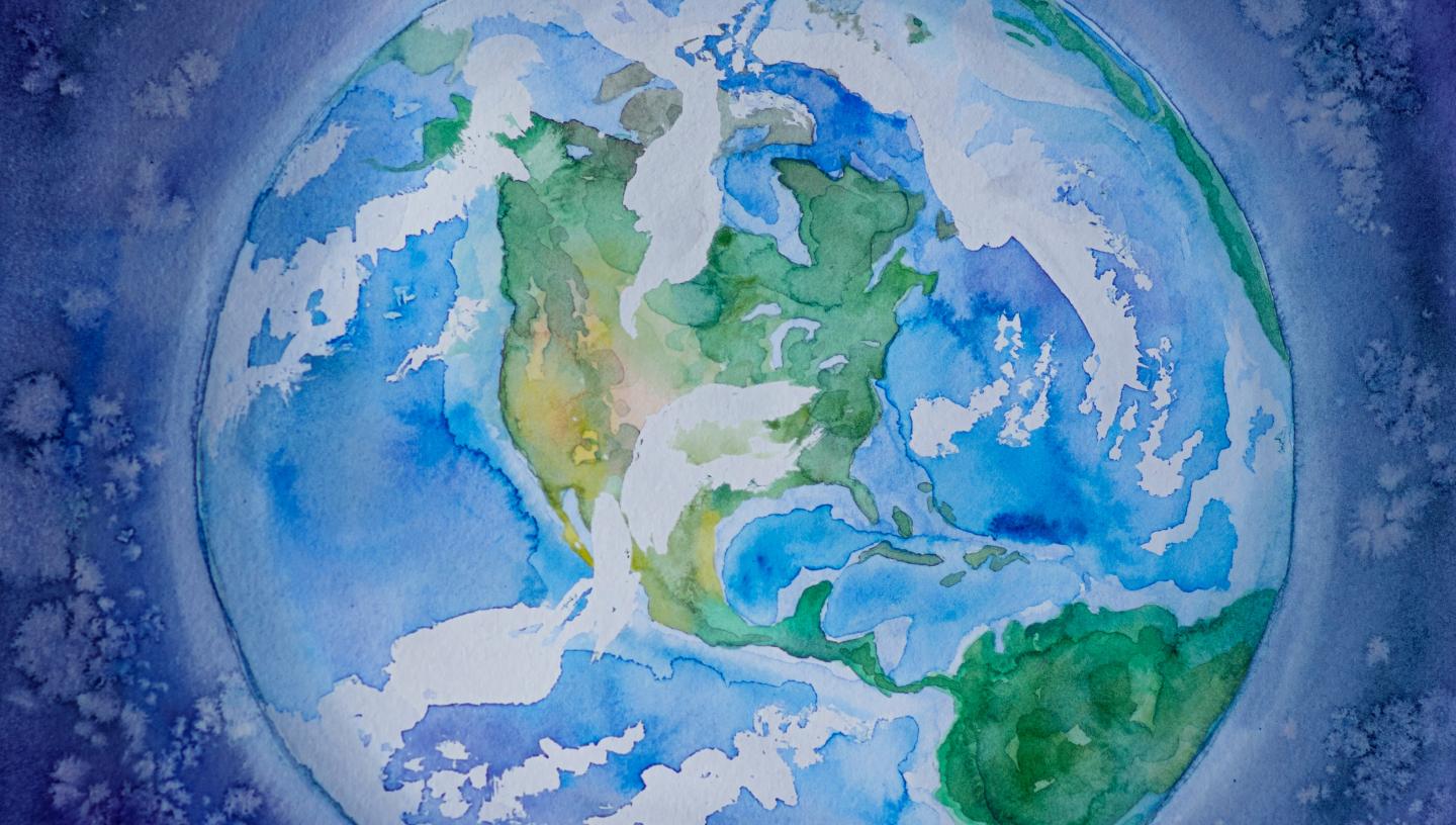 A watercolour depiction of the globe on a blue background