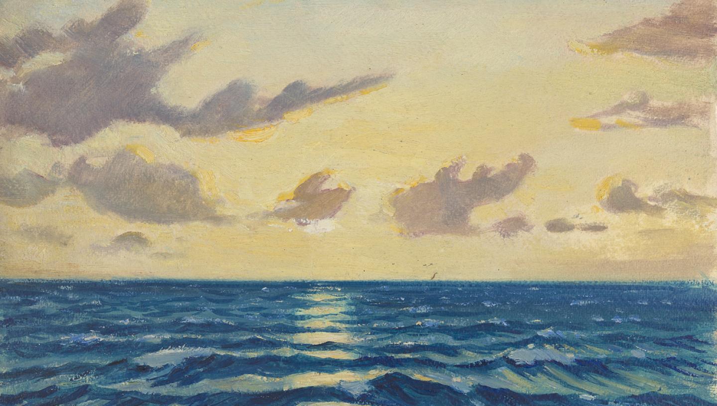 An oil painting of a seascape at dusk, with a calm blue ocean and orange setting sun