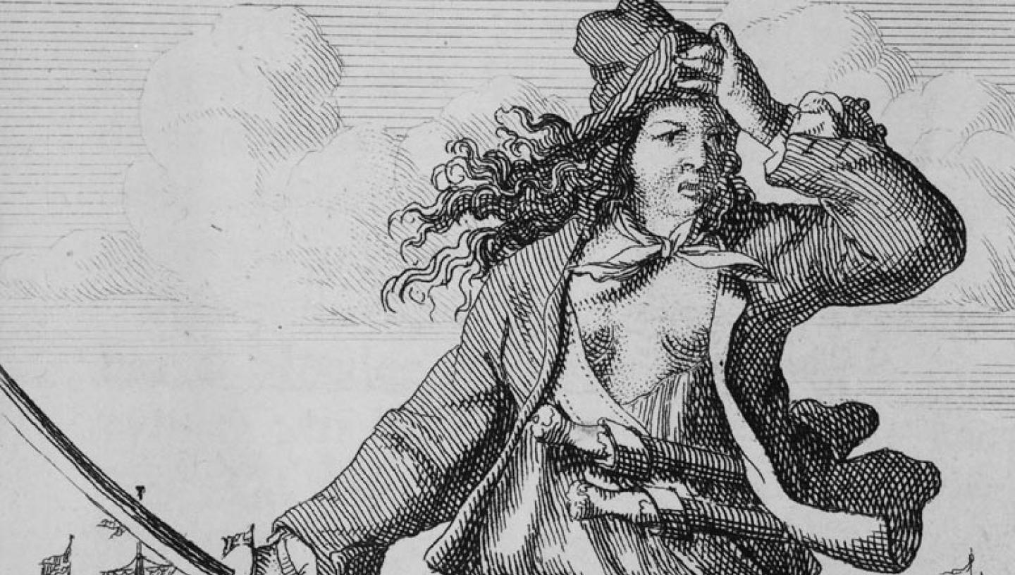 Cropped image of pirate Mary Read holding a sword