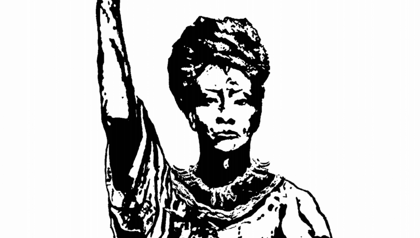 A digital artwork of Nanny of the Marrons by artist, Karen McLean, showing a defiant Nanny in black and white with her right fist held in the air