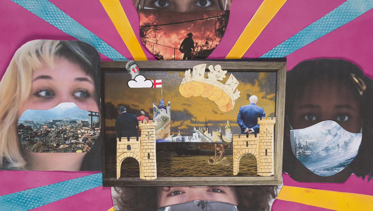 A collage of 4 young people around an image of the houses of parliament made out of money