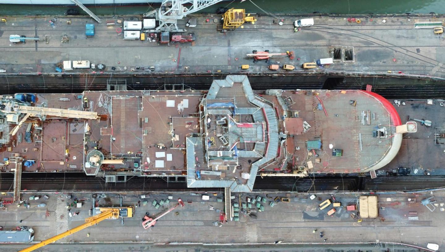 An overhead photo of the RRS Sir David Attenborough during construction in the Cammell Laird shipyard