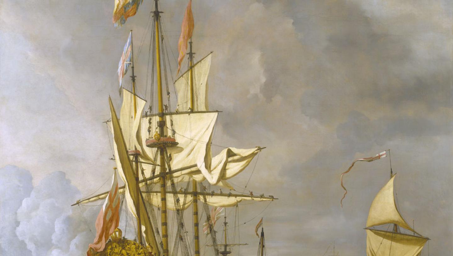 Oil painting of a Navy battleship from the 17th century