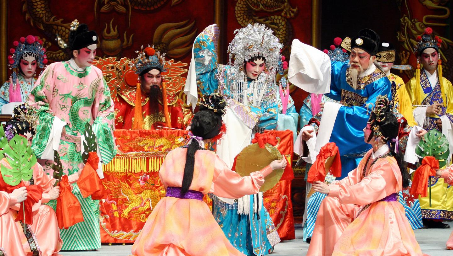 stage actors performing in colourful costumes for Cantonese Opera