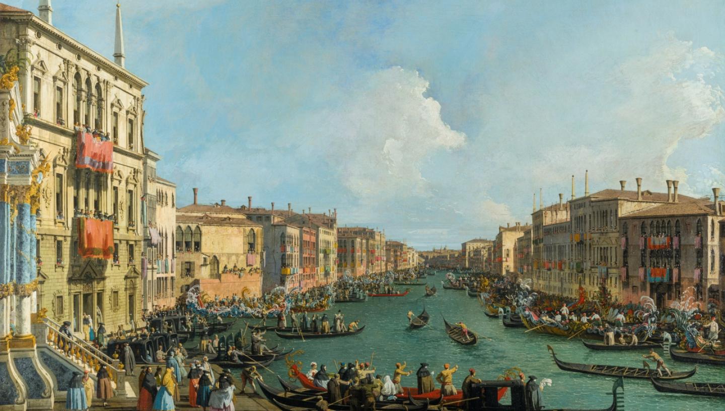 A painting showing the Grand Canal during a festival. The canal is filled with gondolas and other craft, while the banks are lined with people