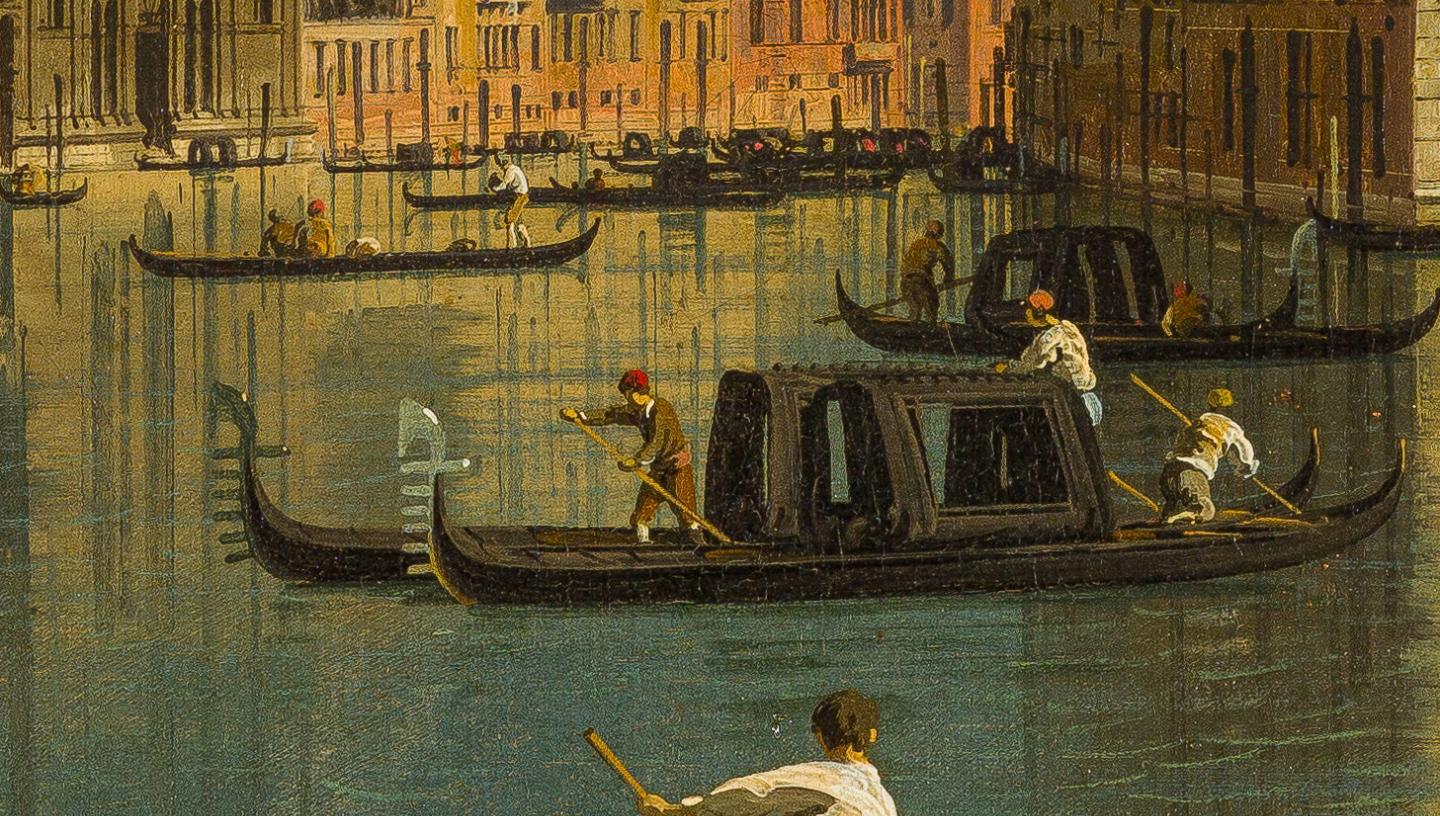 A close up view of a gondola in a painting of Venice by Canaletto