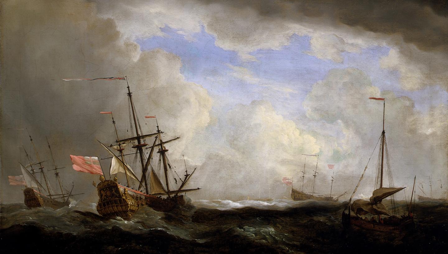 An oil painting of a sailing ship in a gale, with smaller boats also visible. Storm clouds are gathering above the ship, but in the distance there is brighter sky visible through the clouds