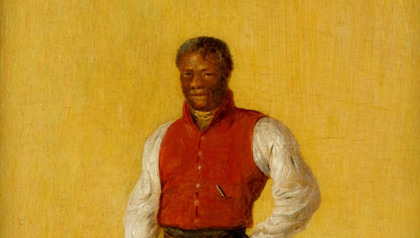 A portrait of a man in a red waistcoat with a yellow background