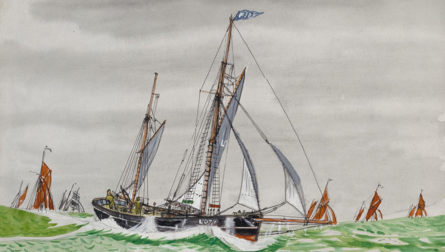 A watercolour painting of a ship in stormy green waters 