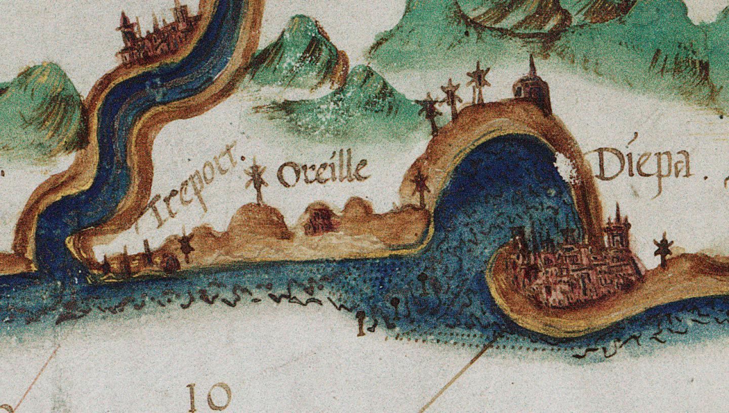 Detail of a historic map of dover and calais, showing how maritime features such as harbours are enlarged for clarity