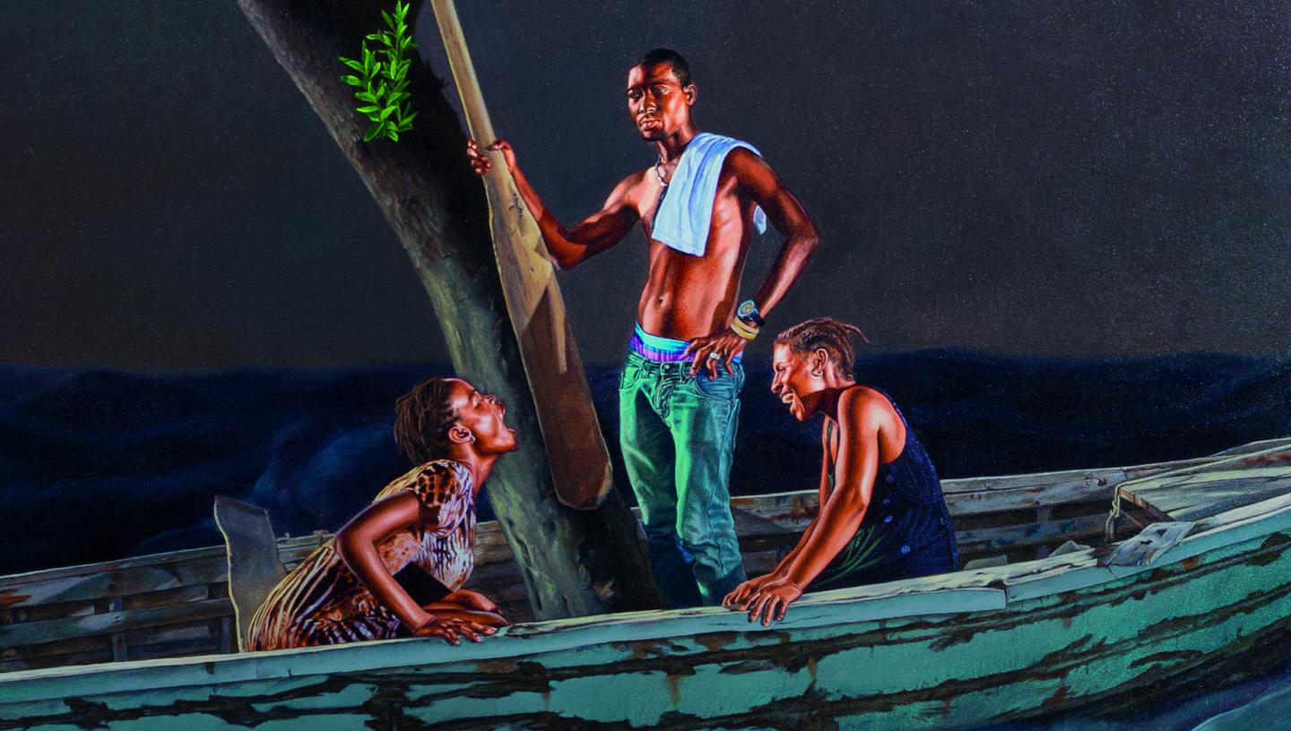A close-up of the artwork Ship of Fools by Kehinde Wiley, showing three figures in a boat