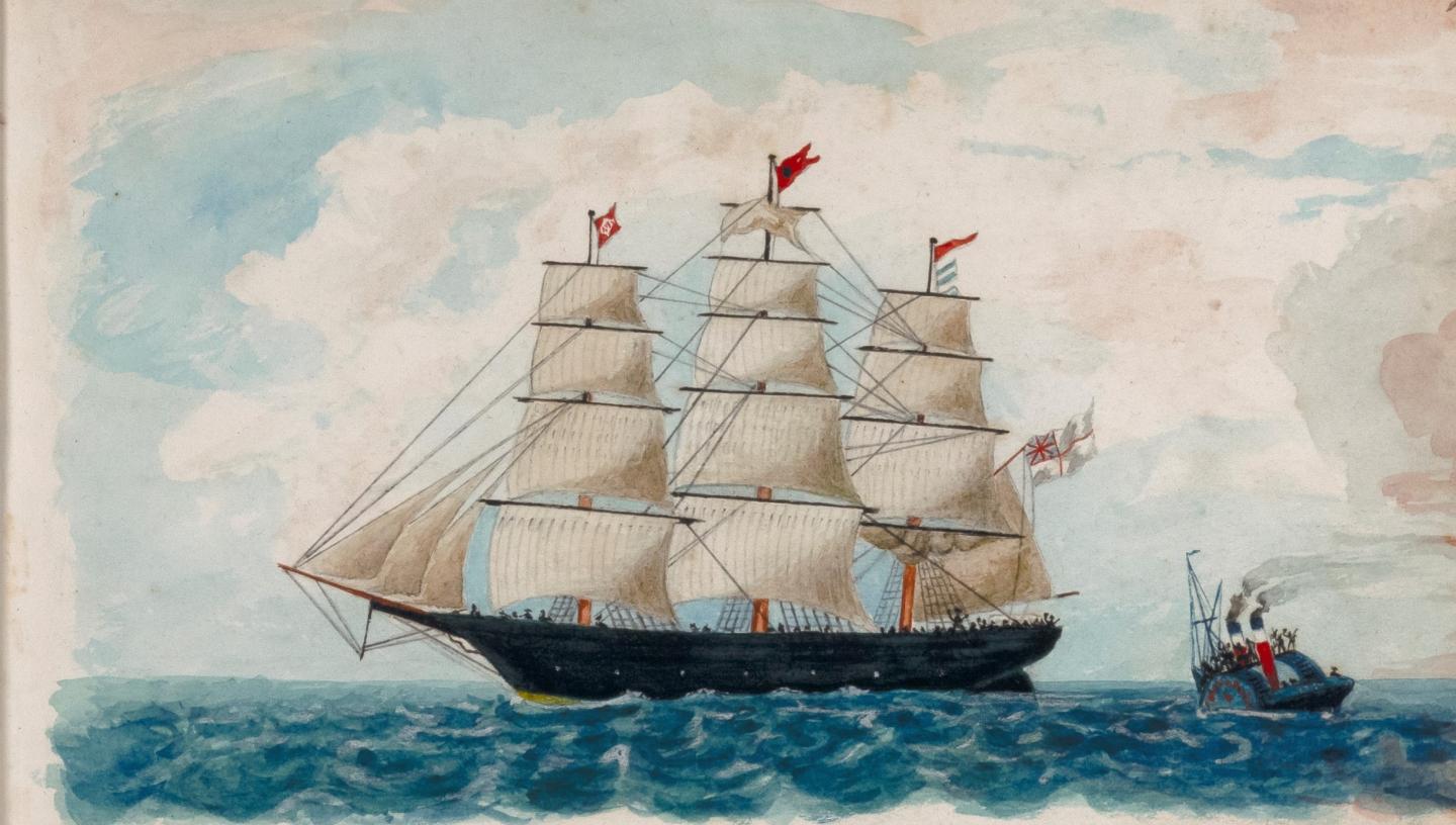A watercolour sketch from the travel journal collection showing a ship with three masts and white sails in the middle of the ocean with a small boat trailing behind
