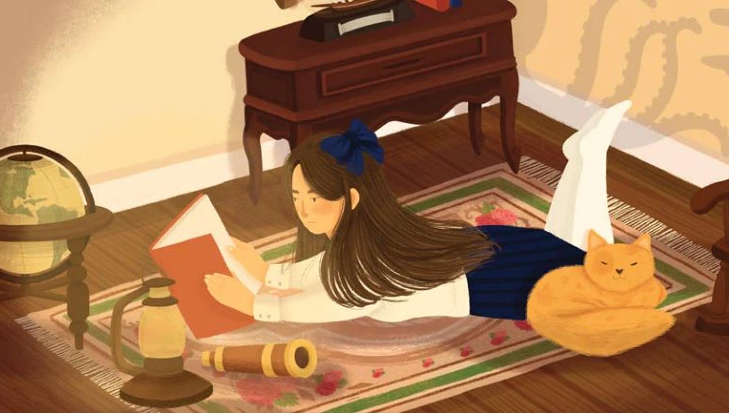 Drawing a girl reading book lying on the floor