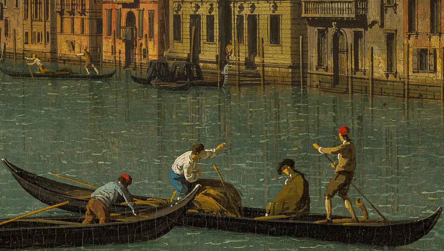 Close-up view of a painting by Canaletto showing a gondola