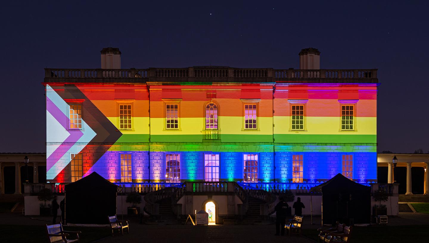 The Queen's House Greenwich lit up with the Pride Rainbow flag during an LGBTQ+ event