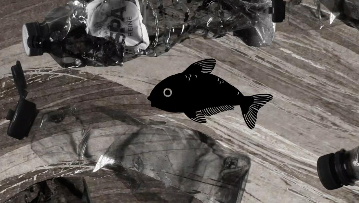 A scene from a black and white stop-motion animation showing a small fish swimming through an ocean of plastic bottles