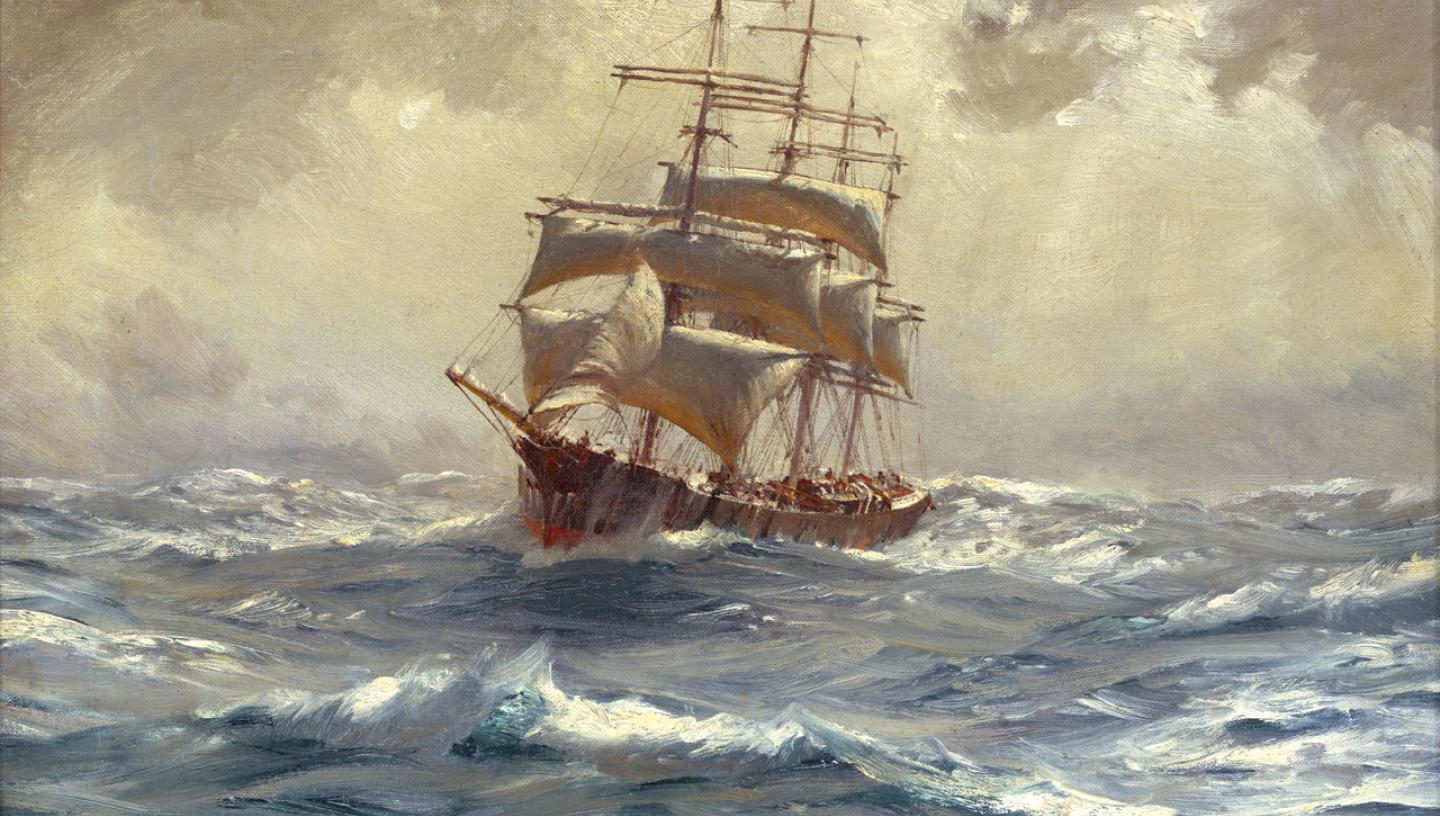 An oil painting of a sailing ship running before a gail