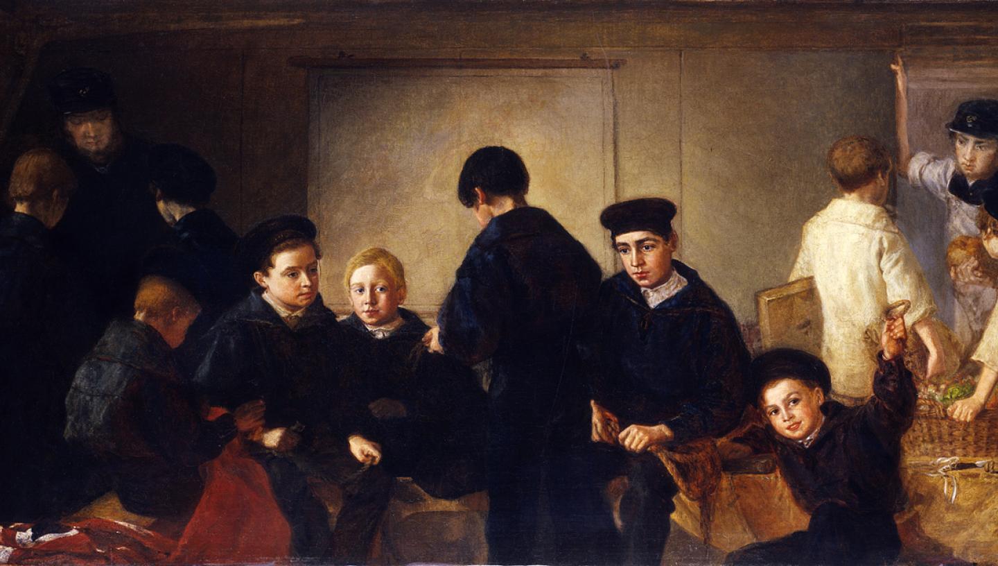 An oil painting showing young boys in sailor uniform on board a naval training ship