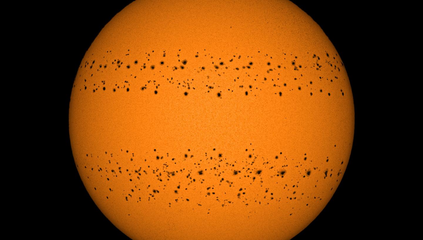 Image of the Sun made up of 365 images of the Sun, recording a sunspot moving across it