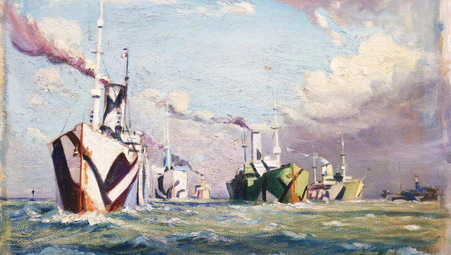 An oil painting showing World War One warships painted in 'dazzle' camouflage