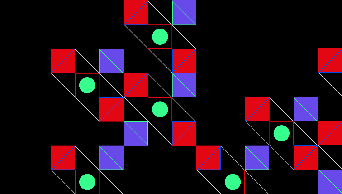 A series of red and purple squares and green circles arranged in a checkerboard pattern against a black background