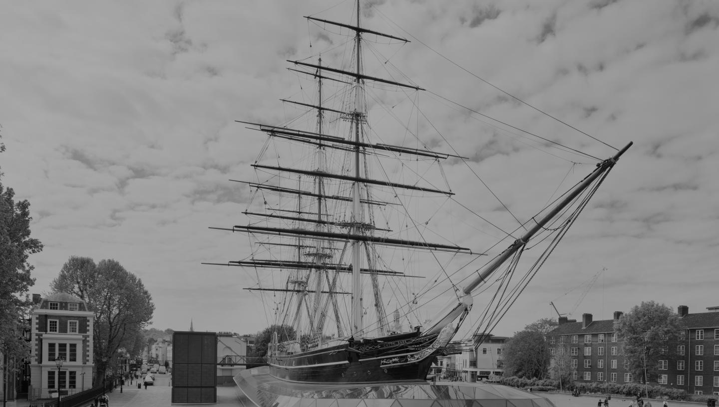 Image of the Cutty Sark in Greenwich on a cloudy day in grey tones