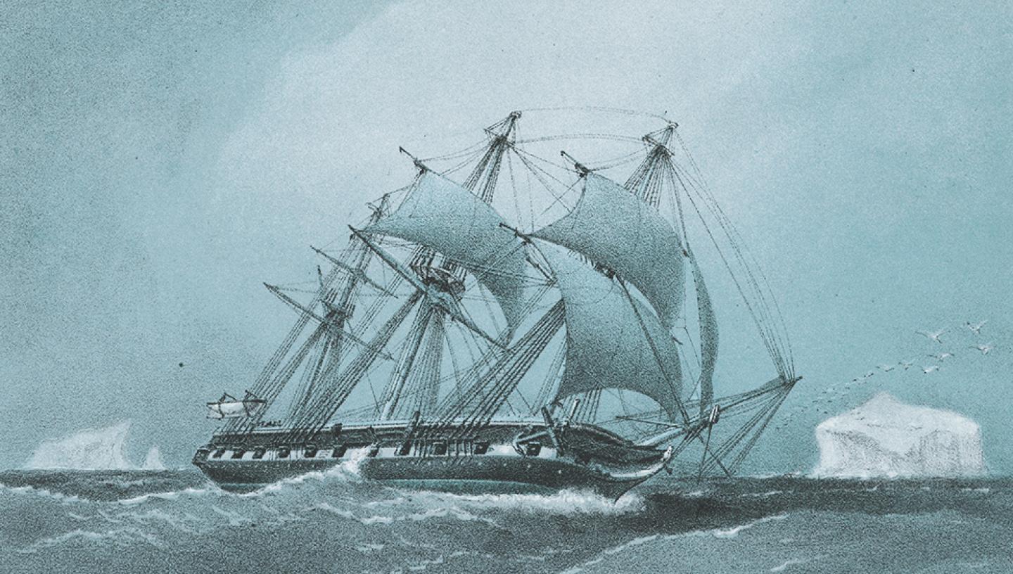 A print of oceanographic vessel HMS Challenger in a blue tint