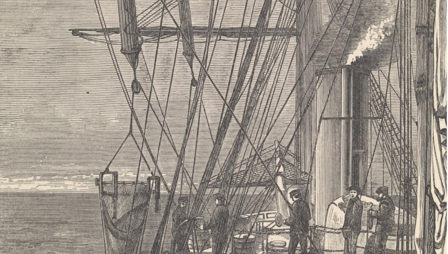 An illustration show the main deck of research ship HMS Challenger. In the middle of the drawing can be seen a number of figures standing on a raised platform, part of the dredging equipment designed especially for use on the ship