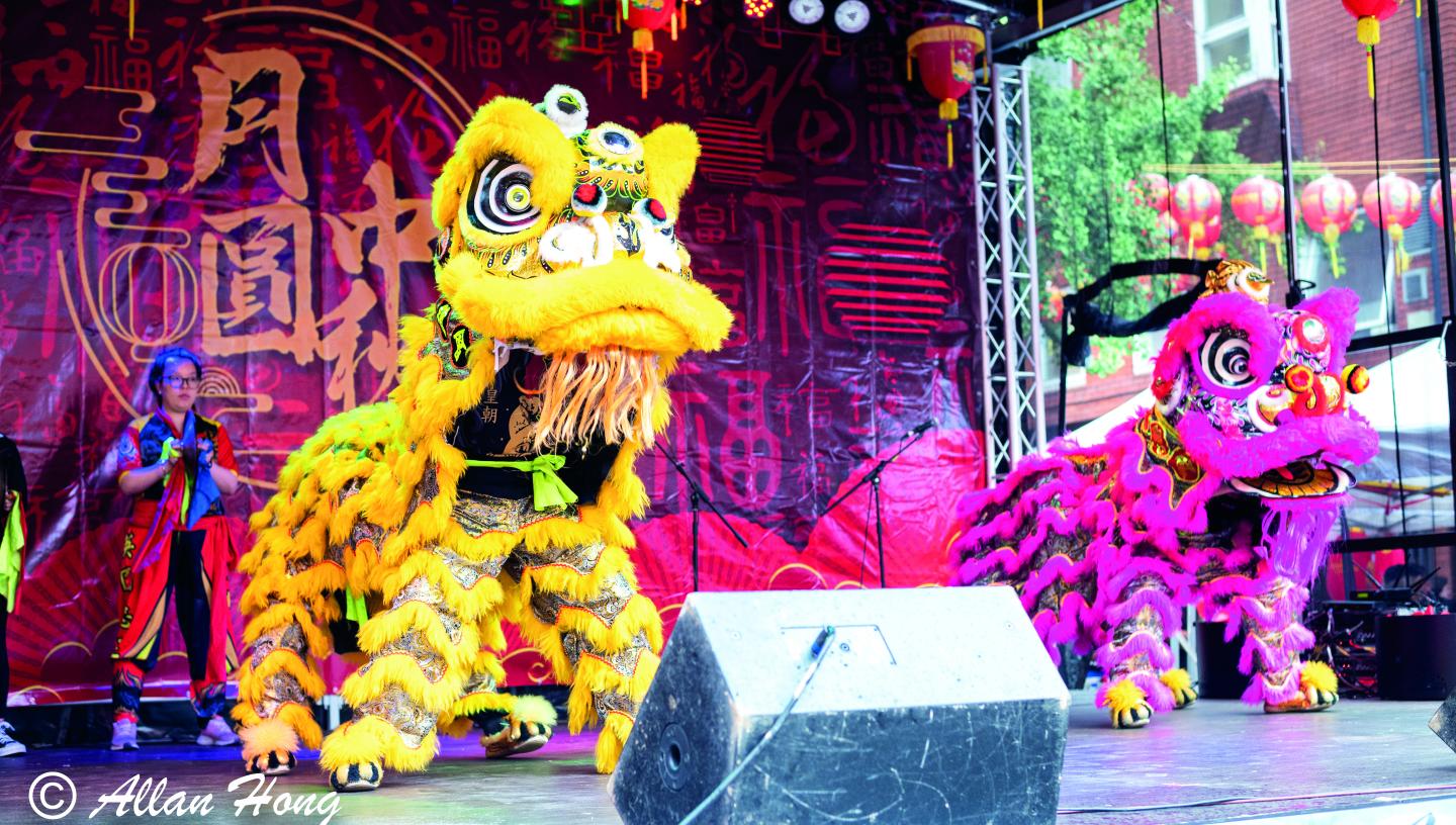 Image of two people in large lion costumes, one in yellow and one in pink