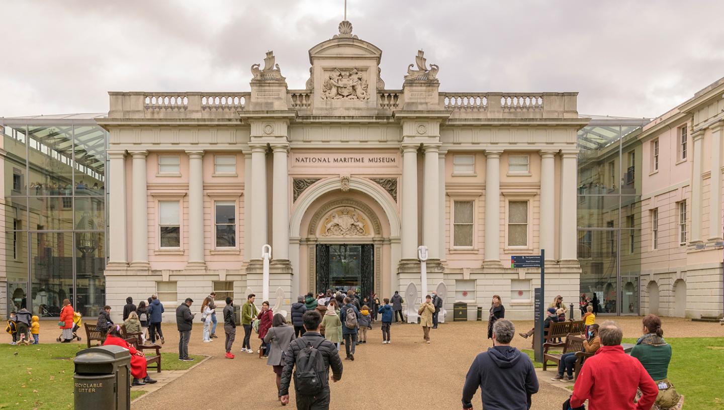 People walking towards the main entrance of the National Maritime Museum