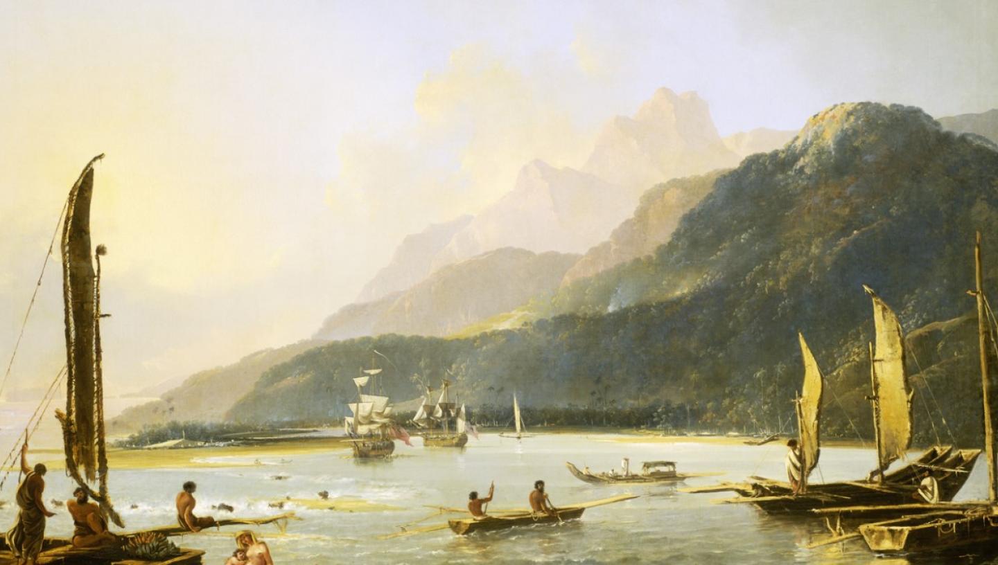 Painting of a beautiful Pacific island scene with Pacific boats in the foreground and European sailing ships in the background
