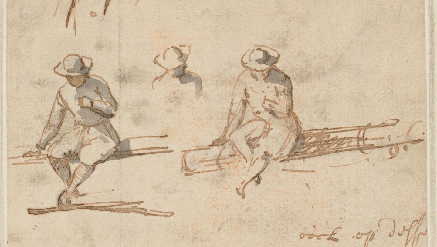 A sketch of two men, possibly sailors, seated on wooden poles or 'spars'. They have hats on and their faces are shaded as they are looking down