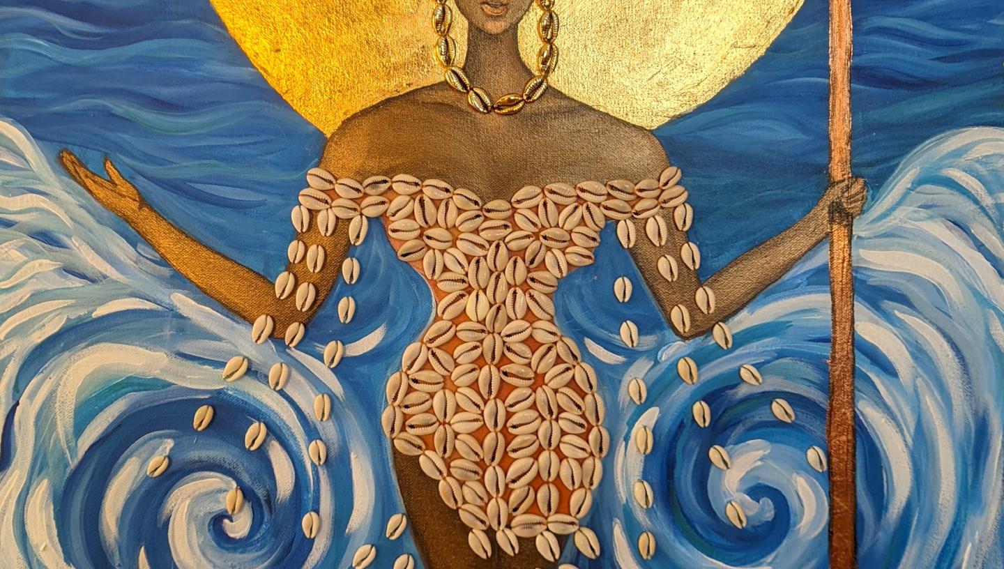 painting acrylic on canvas, a black sea goddess rising from the waves 