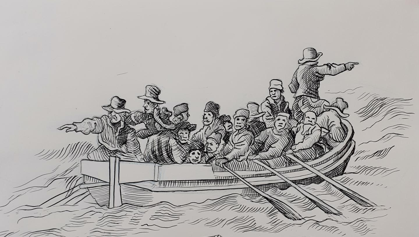 Drawing of men in a boat at sea