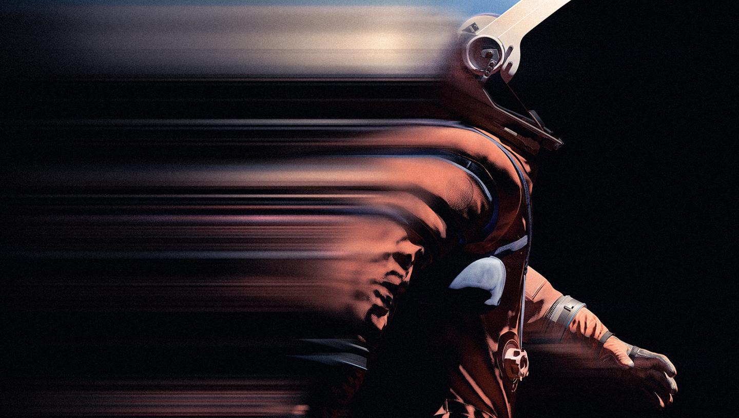 A stylized photo of an astronaut against a black background. They are striding confidently dressed in orange space suit and helmet, and a blur effect makes it look like they are travelling at speed