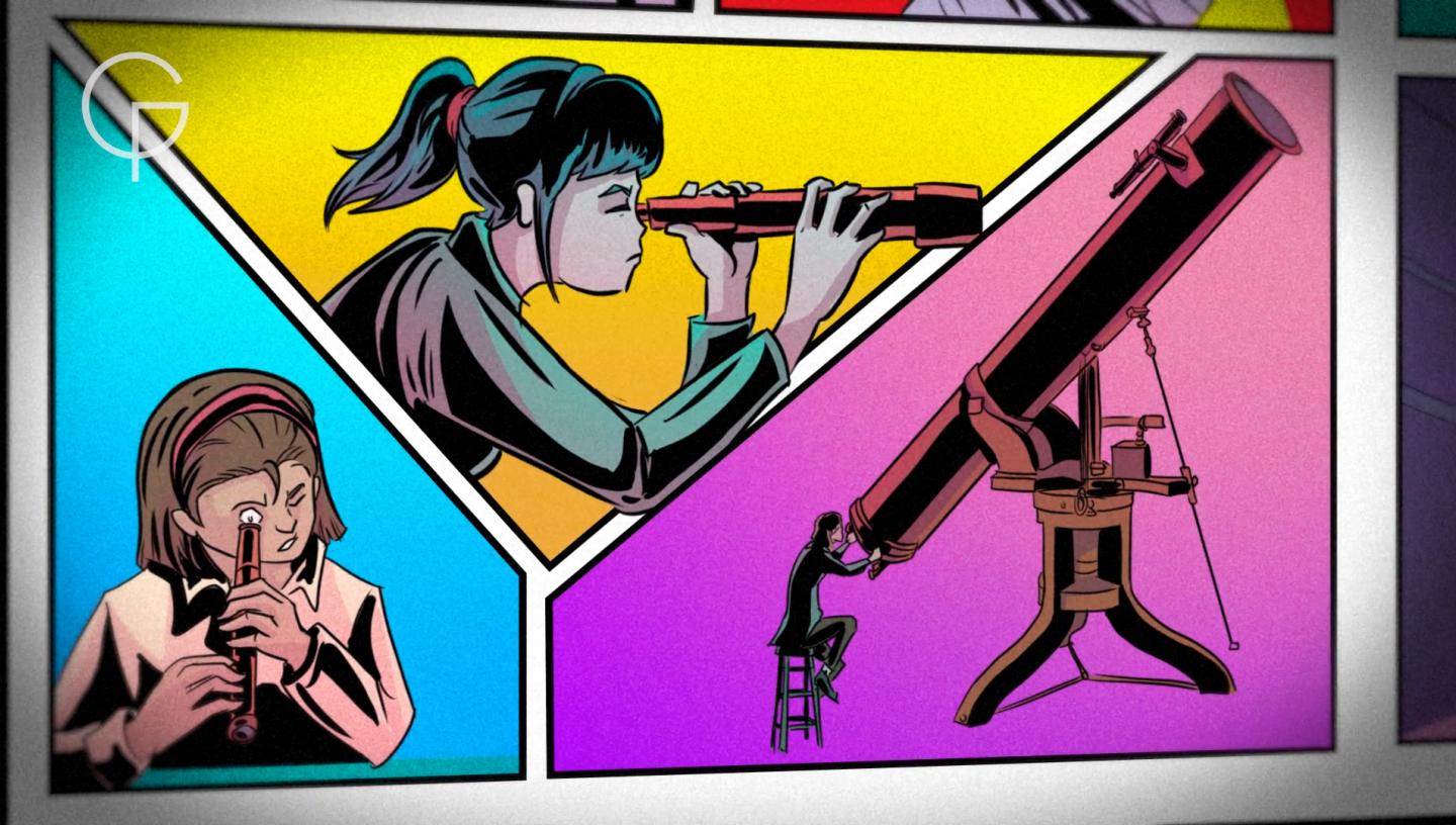 Showing 3 astronomers looking through telescopes, comic book style sketch