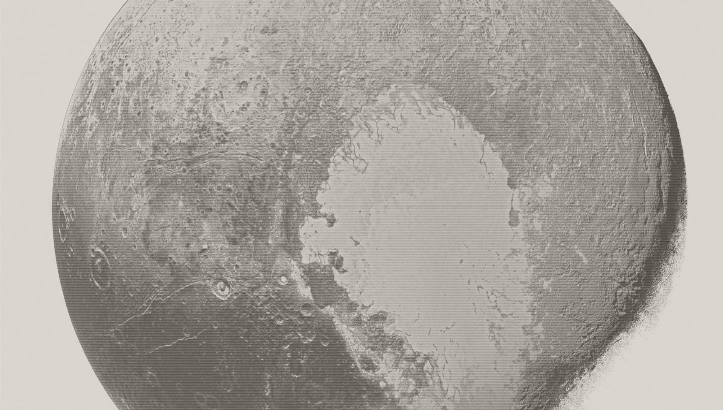 Monochromatic image of Pluto which imitates engraved print