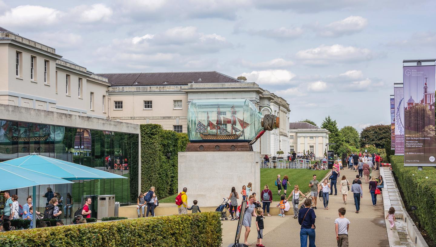 The Parkside Cafe and Ship in a Bottle Statue outside the National Maritime Museum 