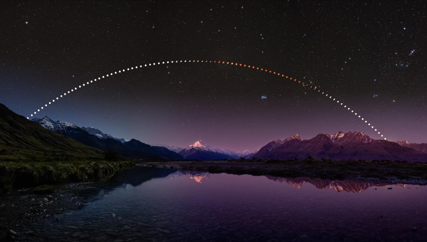 Image of a lake at twilight with snow-capped mountains behind it, while in the sky multiple images of a lunar eclipse have been compiled to make an arc showing its movement through the sky and its colour change from white to red, back to white
