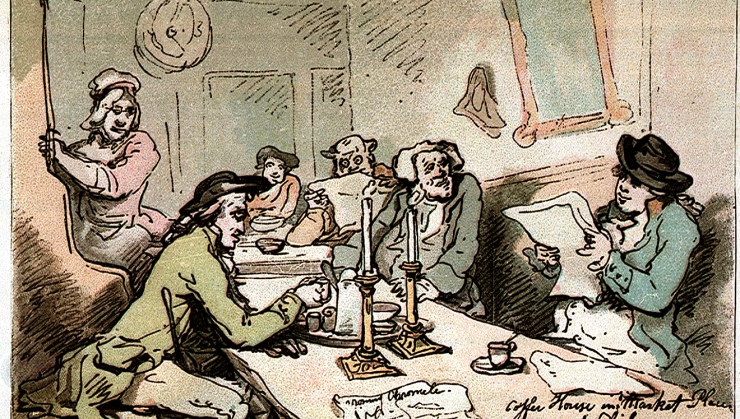 caricature print of people having coffee in a coffee house