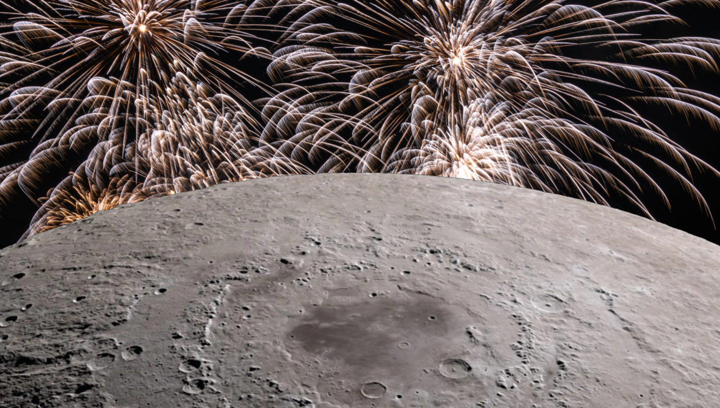 Close up view of the Moon with gold fireworks in the background