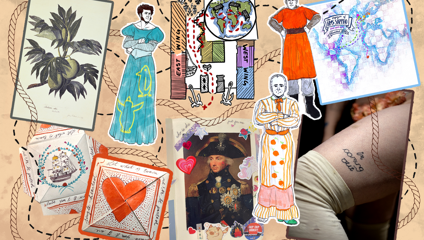 A collage of images contributed by the Queer History Club members including a paper cut out male doll wearing a blue dress, a tattoo that reads i'm coming out', a map with HMS Sappho, a folded love token, a picture of Horatio Nelson with heart, unicorn and star stickers around him