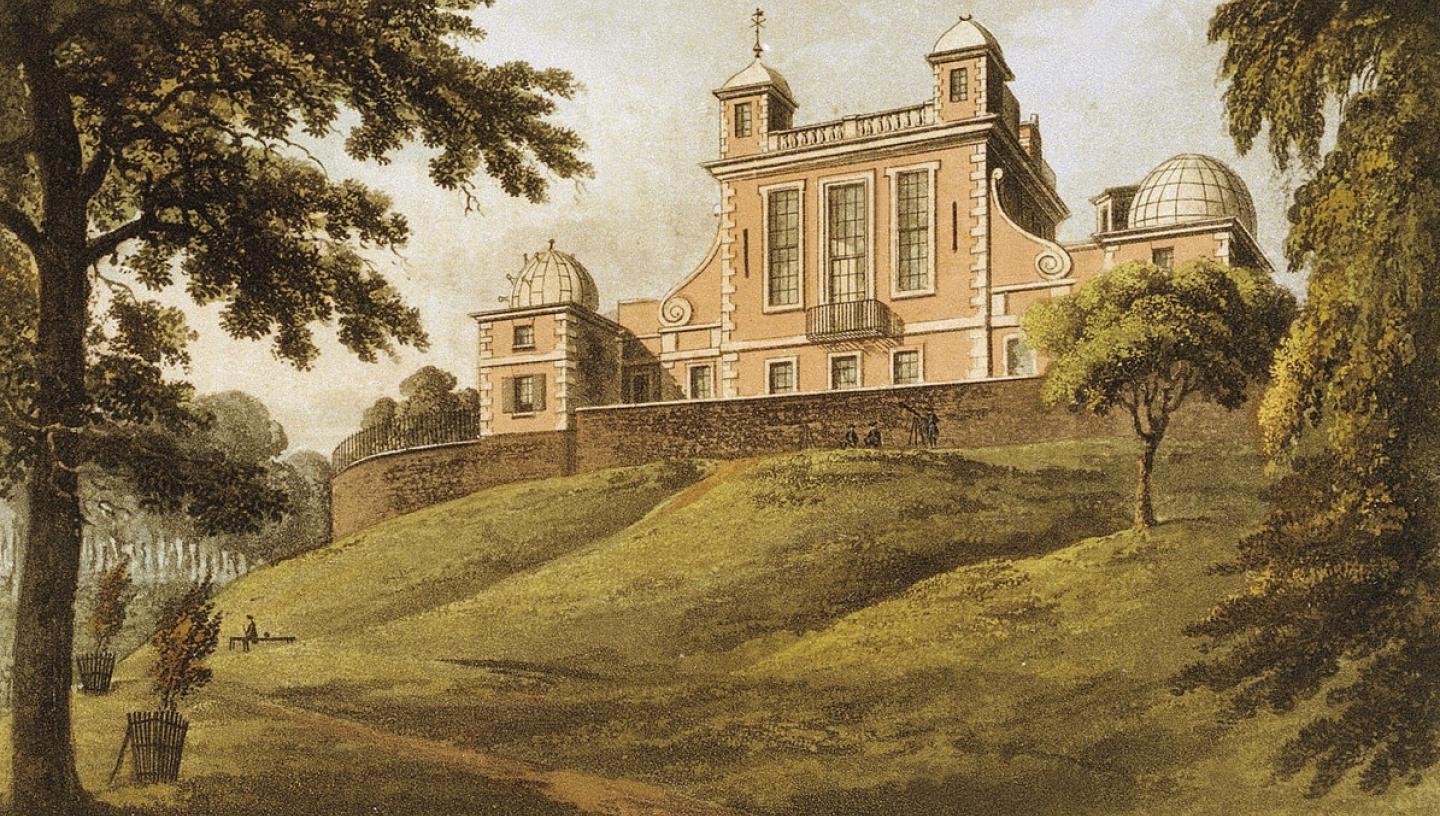 Fine art print from 1824 showing Flamsteed House at the Royal Observatory which is at the top of a hill covered in green grass