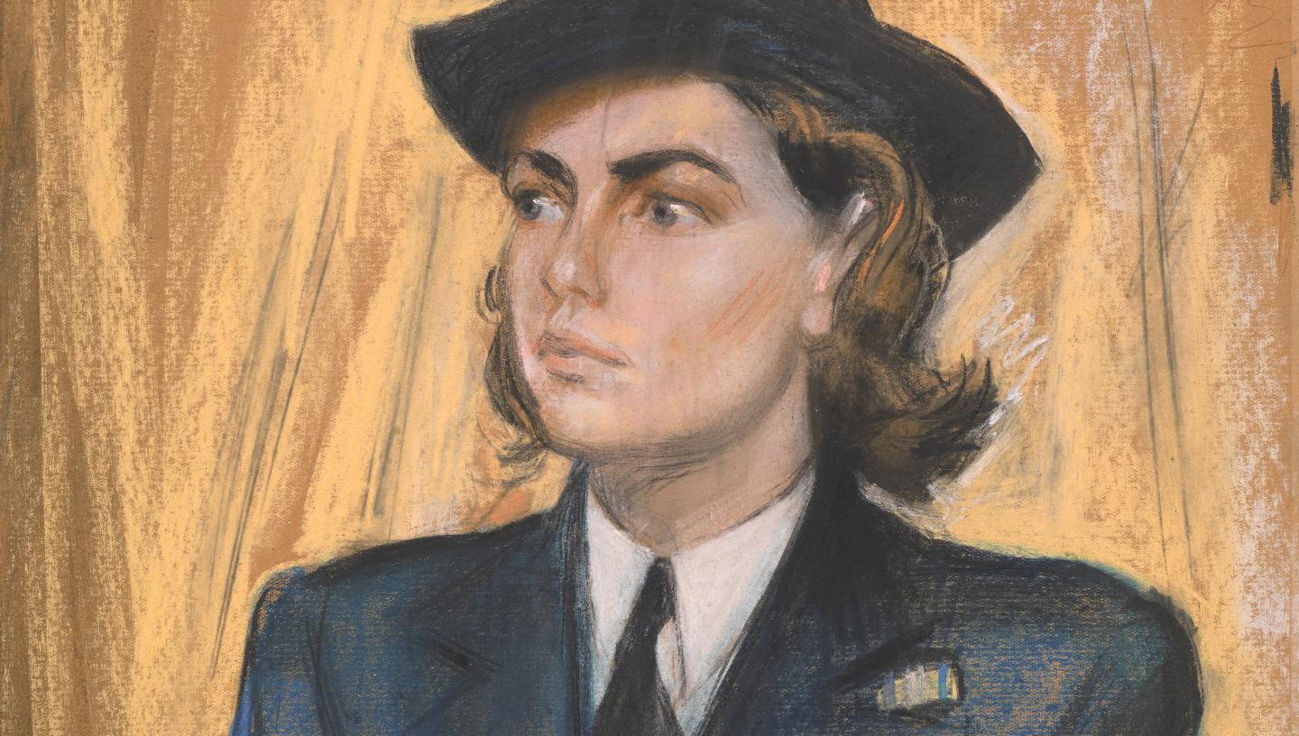 Pastel portrait of a woman looking to the side and wearing a blue naval uniform and hat